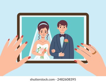 memories from the wedding, wedding photo on the wall hands align the frame with the photo. woman cartoon flat style. The bride with a veil holds a bouquet, the groom stands in a blue suit, smiling.