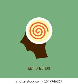 Memorization icon concept in the drawing of human brain isolated on green background, vector and illustration.