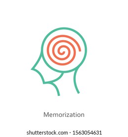 Memorization icon concept in the drawing of human brain isolated on green background, vector and illustration.