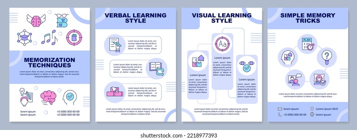 Memorization techniques blue brochure template. Learning style. Leaflet design with linear icons. Editable 4 vector layouts for presentation, annual reports. Arial-Black, Myriad Pro-Regular fonts used