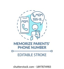 Memorize parents phone number turquoise concept icon. Teach kid to call mom, remember information. Child safety idea thin line illustration. Vector isolated outline RGB color drawing. Editable stroke