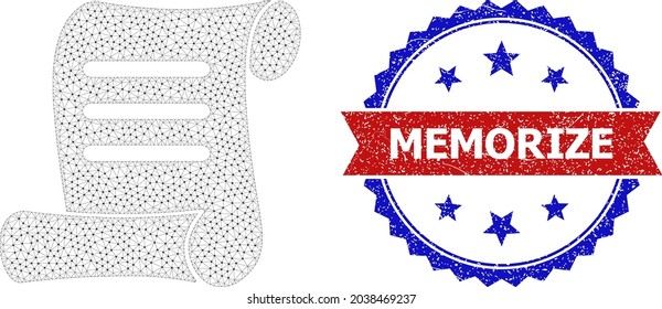 Memorize rubber seal print, and document roll icon triangular model. Red and blue bicolored seal includes Memorize title inside ribbon and rosette. Abstract 2d mesh document roll,