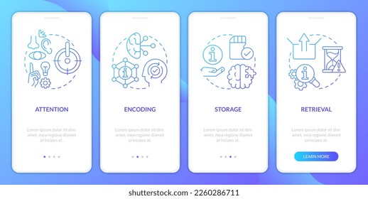 Memorizing information process blue gradient onboarding mobile app screen. Walkthrough 4 steps graphic instructions with linear concepts. UI, UX, GUI template. Myriad Pro-Bold, Regular fonts used