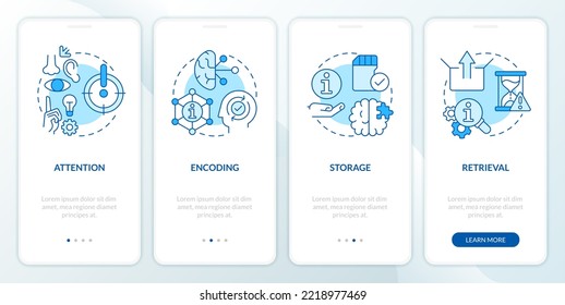 Memorización de información estadios pantalla azul de aplicación móvil. Recorrido cerebral 4 pasos instrucciones gráficas editables con conceptos lineales. UI, UX, plantilla GUI. Multitud de tipos de letra Pro-Bold, con uso regular