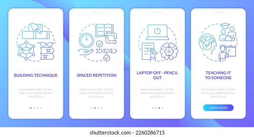 Memorizing techniques blue gradient onboarding mobile app screen. Verbal memory walkthrough 4 steps graphic instructions with linear concepts. UI, UX, GUI template. Myriad Pro-Bold, Regular fonts used