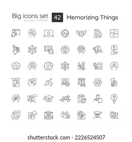 Memorizing things technique linear icons set. Brain training. Improve memory skill. Customizable thin line symbols. Isolated vector outline illustrations. Editable stroke. Quicksand-Light font used