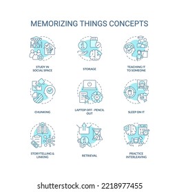 Memorizing things tips concept turquoise icons set. Enhance memory skills idea thin line color illustrations. Isolated symbols. Editable stroke. Roboto-Medium, Myriad Pro-Bold fonts used