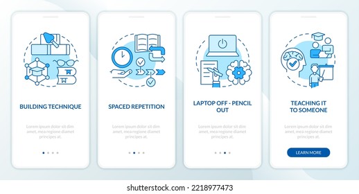 Memorización trucos pantalla azul de aplicación móvil. Recorrido de memoria verbal 4 pasos instrucciones gráficas editables con conceptos lineales. UI, UX, plantilla GUI. Multitud de tipos de letra Pro-Bold, con uso regular