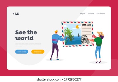 Memory After Traveling Landing Page Template. Tiny Characters Holding Huge Postcard with Tropical Beach and Palm Trees. Summer Time Vacation, Tourists Remember Trip. Cartoon People Vector Illustration