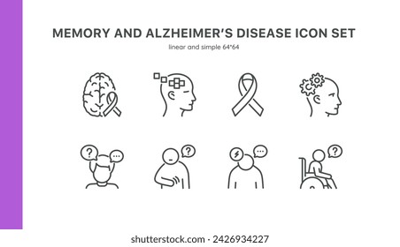 In: Memory and Alzheimer's Disease Icon Set. Dünne lineare Illustrationen der Gehirnfunktion, kognitiver Rückgang, Pflege, Bewusstseinsband. Isolierte Vektorzeichen.