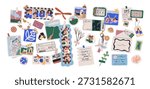 Memory board, life moments scrapbook collage. Personal memories, keepsake collection, visual diary with photo film, tickets, paper note, stickers. Flat vector illustration isolated on white background