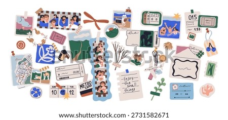 Memory board, life moments scrapbook collage. Personal memories, keepsake collection, visual diary with photo film, tickets, paper note, stickers. Flat vector illustration isolated on white background
