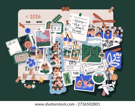 Memory board on calendar. Happy life moments, vacation time photo, notes, pictures. Visual diary, holiday journal, travel memories, images, photographs and quotes saving. Flat vector illustration.