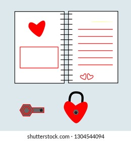 Memory book of love concept.  Notebook with key heart shape