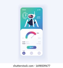 Memory boost application smartphone interface vector template. Mobile app page light theme design layout. Speed increase screen. Flat UI for application. Gadget storage cleaner phone display