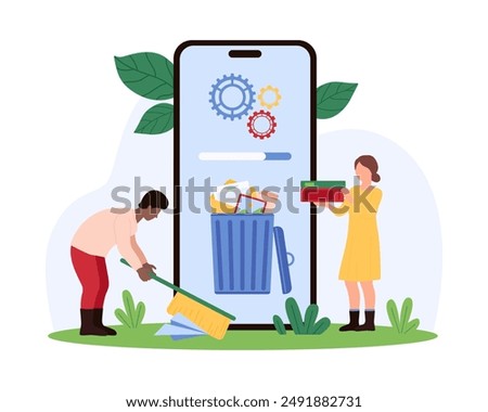 Memory cache and office document, folder cleaning with mobile app. Tiny people delete emails and video files, pictures with broom and trash bin on smartphone screen cartoon vector illustration