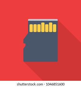 Memory card flat icon with long shadow isolated on red background. Simple memory card in flat style, vector illustration.