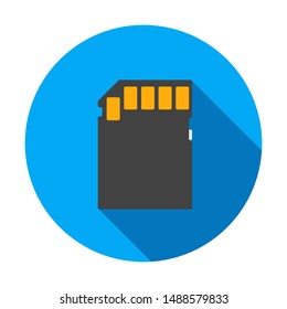 Memory card flat icon with long shadow isolated on blue circle background. Sd memory card in flat style. EPS 10