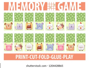 Memory card game with cartoon animals. Different domestic farm pets. Print, cut, fold, glue, play. A4 horizontal page. Vector illustration. Dog, cat, horse, mouse, han, chicken, cow, pig, sheep 