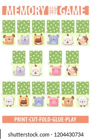 Memory card game with cartoon animals. Different domestic farm pets. Print, cut, fold, glue, play. A4 vertical page.  Vector illustration. Dog, cat, horse, mouse, han, chicken, cow, pig, sheep.