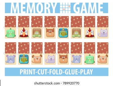 Memory card game with cartoon animals. Different domestic pets. Print, cut, fold, glue, play. A4 page proportions. Vector illustration. Parrot, bird, turtle, hamster, fish, cat, dog, mouse. 