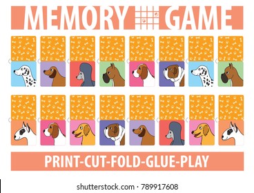 Memory card game with cartoon dogs. Different breeds. Print, cut, fold, glue, play. A4 page proportions. Vector illustration. 