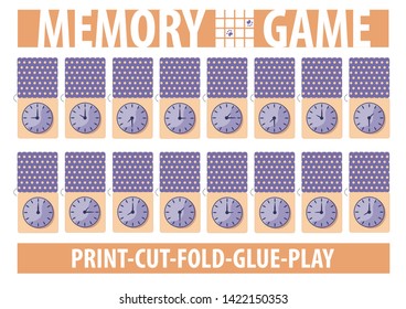 Memory card game with clock faces. Printable A4 horizontal page. Album orientation. Print, cut, fold, glue, play. Vector illustration.  