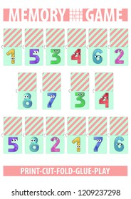 Memory card game. Numbers with eyes and smiles. Printable A4 vertical portrait page. Vector. Striped cover