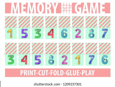 Memory card game. Numbers with eyes and smiles. Printable A4 horizontal album page. Vector. Striped cover