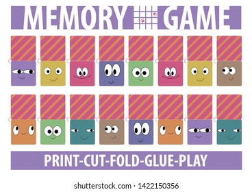 Memory Card Game With Smiling Faces. Printable Horizontal, Album A4 Page. Cut, Fold, Glue, Play. Vector Illustration.
