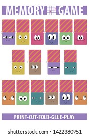 Memory card game with smiling faces. Printable vertical portrait A4 page. Cut, fold, glue, play. Vector illustration.