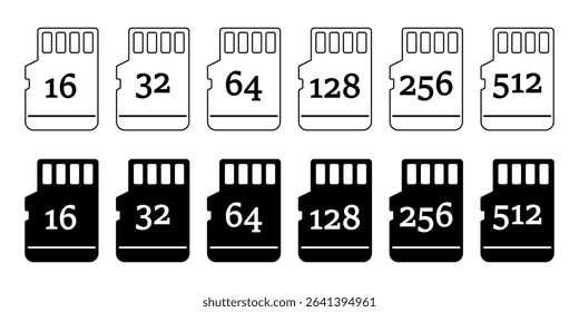 Memory card icon Black and white outline vector. Memory card icon silhouette. Micro SD cards of various sizes. Vector illustrations EPS10
