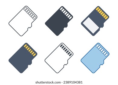 Sammlung von Speicherkarten-Symbolen mit unterschiedlichen Stilen. Micro SD Symbol, Vektorgrafik einzeln auf weißem Hintergrund