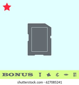 Memory card icon flat. Grey pictogram on blue background. Vector illustration symbol and bonus buttons medal, cow, earth, eye, calculator