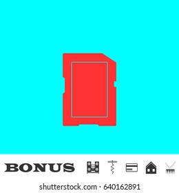 Memory card icon flat. Red pictogram on blue background. Vector illustration symbol and bonus buttons Music center, corkscrew, credit card, house, drum