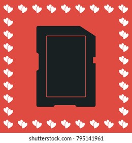 Memory card icon flat. Simple black pictogram on red background with white hearts for valentines day. Vector illustration symbol