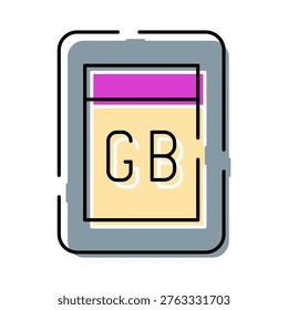 Memory card icon labeled gb representing digital storage capacity, data transfer, backup and modern electronic storage for apps, devices, cloud services, and computing systems