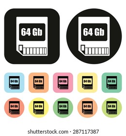 Memory card icon. SD card icon. 64 GB. Vector
