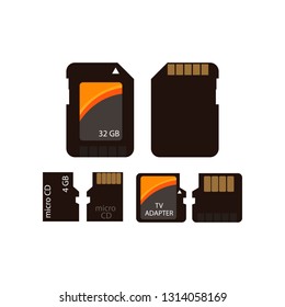 Memory card icon set. 4 GB micro SD card, 32 GB card, TV adapter. Memory data storage concept. Vector illustration can be used for topics like computer, mobile phones, technology