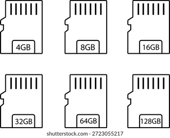 Speicherkartensymbol in Gliederungsstilen festgelegt. Vektorgrafik mit Symbolen für den digitalen Speicher zum Speichern von Daten, Technologiesicherung, mobiles Gerät und Multimedia-Design einzeln auf transparentem Hintergrund.