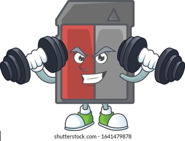 Memory card mascot icon on fitness exercise trying barbells
