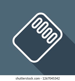 Memory card, micro sd, linear outline technology icon. White flat icon with long shadow on blue background