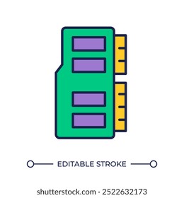 Ícone de cor RGB do cartão de memória. Dispositivo eletrônico de armazenamento. Dados digitais. Cartão SD. chip de memória Gerenciamento de dados. Ilustração isolada de vetor. Desenho de linha preenchido simples. Traçado editável