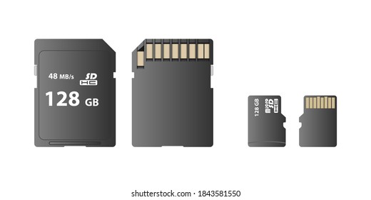 Memory card, SD card and micro SD card isolated on white background, front and back view, vector illustration