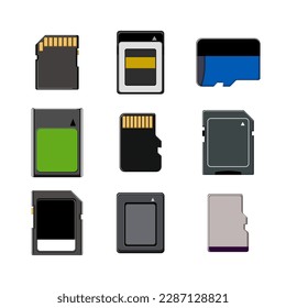 memory card set cartoon. sd flash, storage camera, micro black, sim pictogram memory card sign. isolated symbol vector illustration