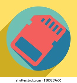 Memory card sign. Sunset orange icon with llapis lazuli shadow inside medium aquamarine circle with different goldenrod shadow at royal yellow background.