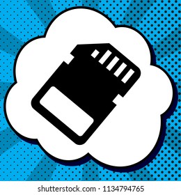 Memory card sign. Vector. Black icon in bubble on blue pop-art background with rays.
