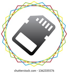 Memory card sign. Vector. Black icon with patch of light inside colorful hexagonal frames at white background.