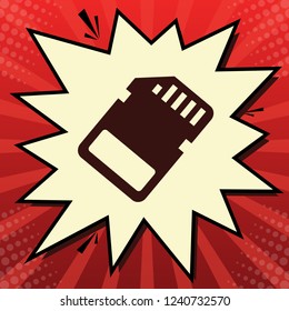 Memory card sign. Vector. Dark red icon in lemon chiffon shutter bubble at red popart background with rays.