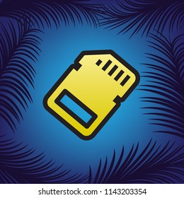 Memory card sign. Vector. Golden icon with black contour at blue background with branches of palm trees.